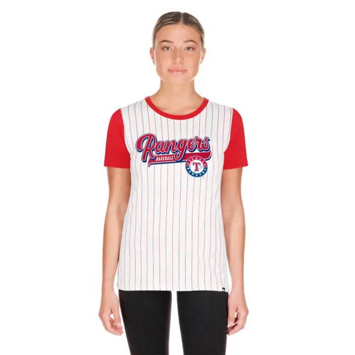 T-shirt rayé à manches courtes MLB Texas Rangers pour femme 24 WHT