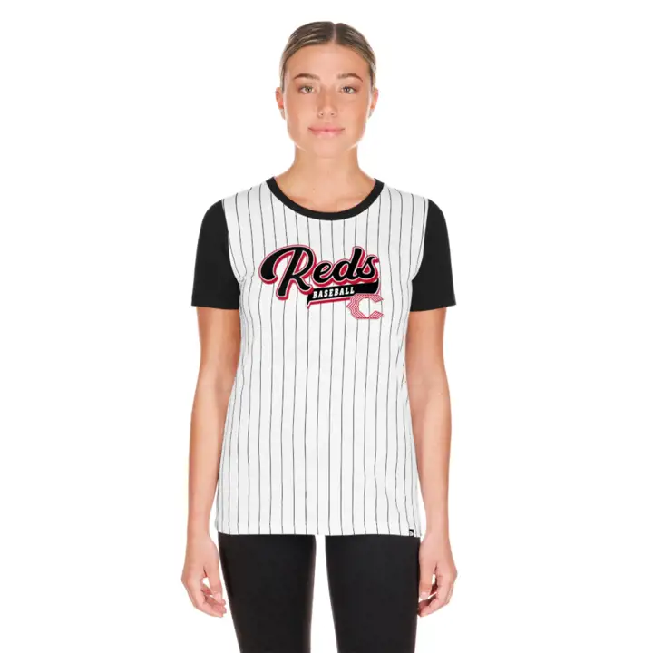 T-shirt rayé à manches courtes MLB Cincinnati Reds pour femme 24 BLANC
