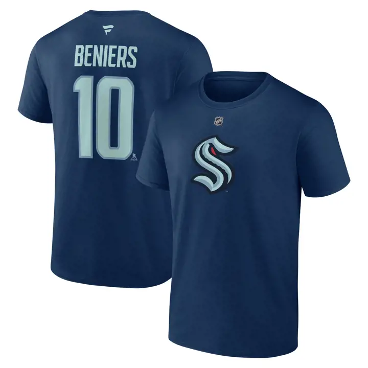 T-shirt authentique Seattle Kraken LNH Stack N&N Beniers Marine