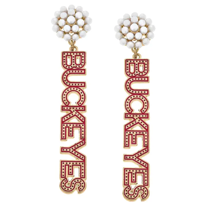 Boucles d'oreilles pendantes émaillées avec perles en grappe et points Ohio State Buckeyes