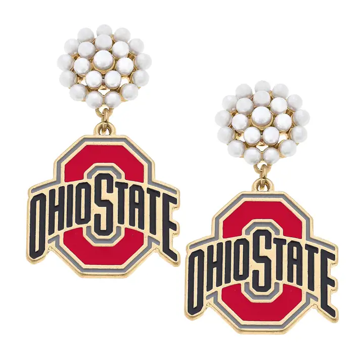 Boucles d'oreilles pendantes émaillées avec grappe de perles Ohio State Buckeyes ROUGES