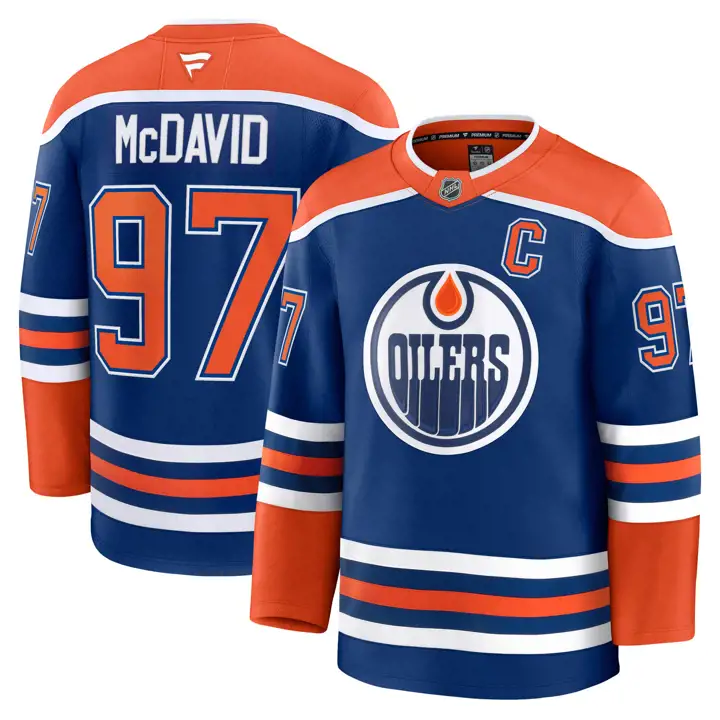 Maillot de joueur NHL haut de gamme des Oilers d'Edmonton Connor McDavid BLEU
