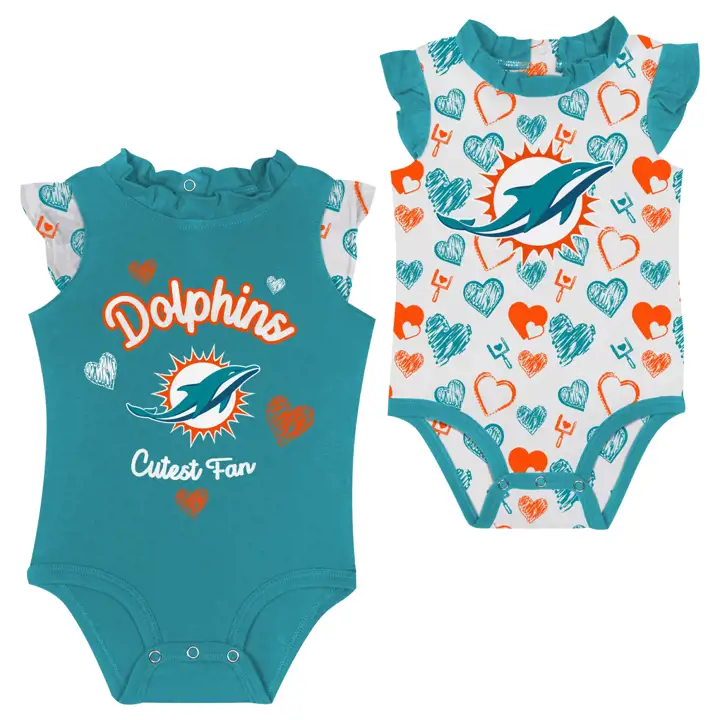 Lot de 2 barboteuses à volants pour bébé NFL Happy Hearts des Miami Dolphins AQ