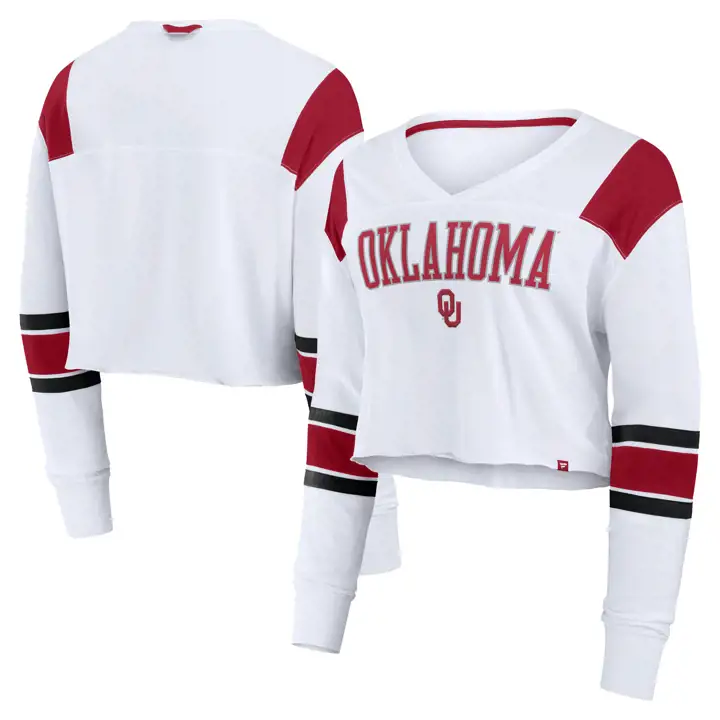 T-shirt à manches longues de coupe ajustée bicolore pour femme aux couleurs des Sooners de l'Oklahoma NCAA
