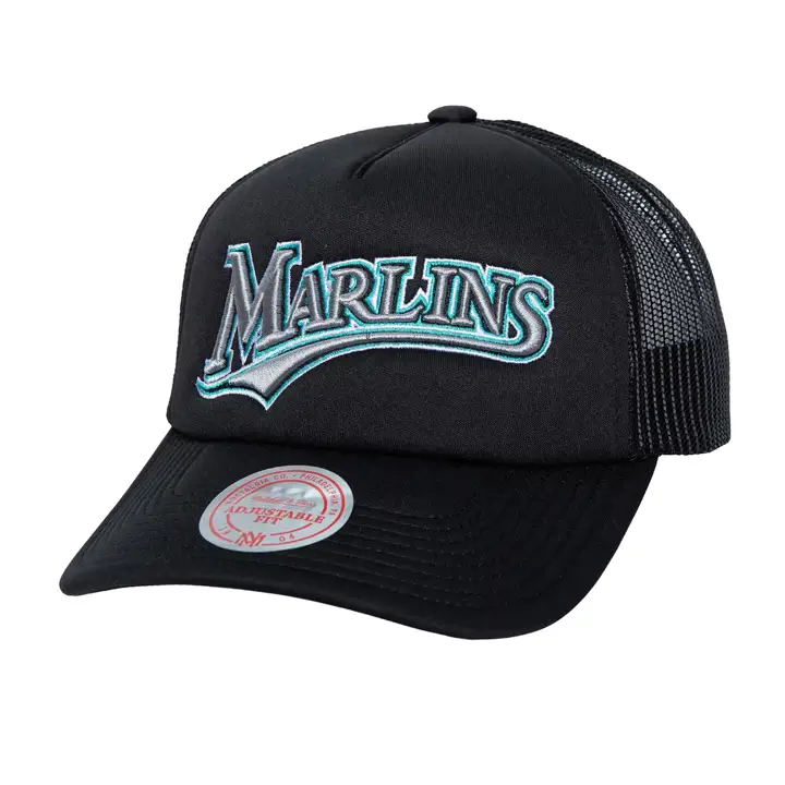 Casquette filetée "trucker" noire "script" M&N MLB TC des Florida Marlins