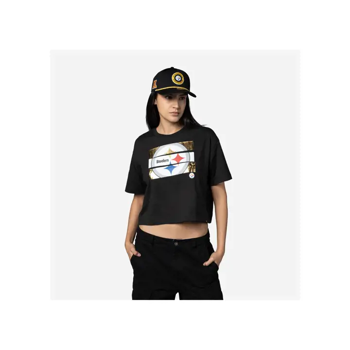 T-shirt court à feuille d'aluminium New Era pour femme Pittsburgh Steelers NFL 24 BLK