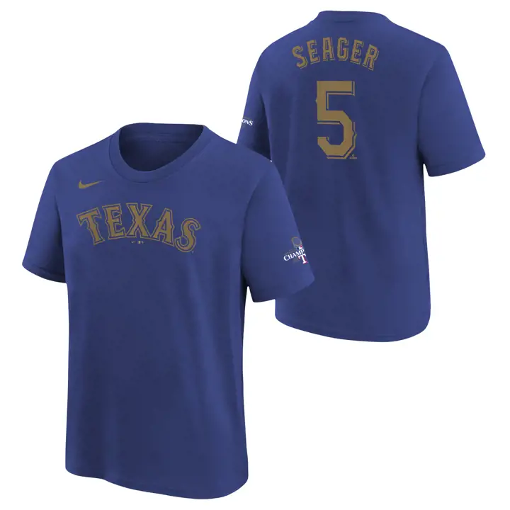 T-shirt Noms et Numéros Texas Rangers MLB Youth Gold Cory Seager bleu