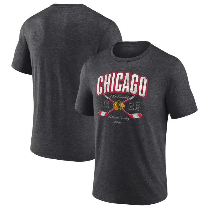 T-shirt triblended Charcoal Chicago Blackhawks LNH avec bâtons croisés