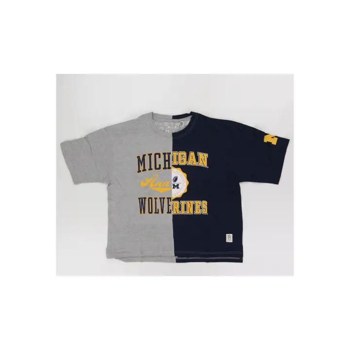 T-SHIRT DE FOOTBALL AMÉRICAIN FEMME MICHIGAN WOLVERINES NCAA MOITIÉ/MOITIÉ 24 BLEU MARINE