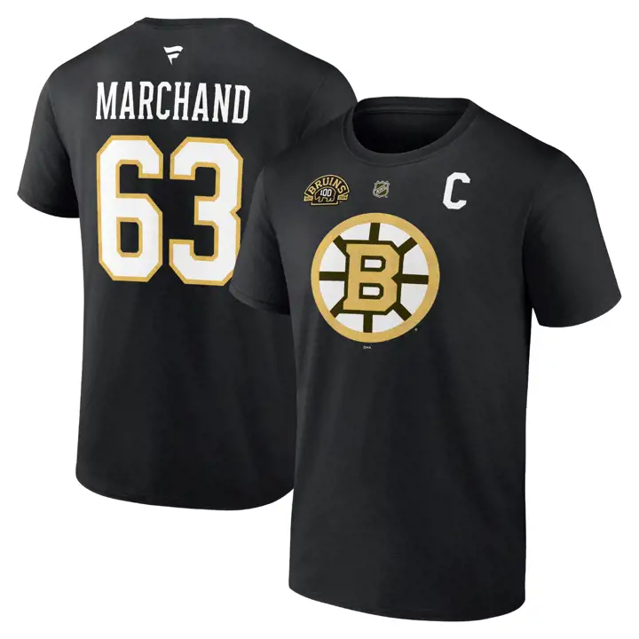 T-shirt Boston Bruins LNH Authentique Superposé Nom et Numéro Brad Marchand
