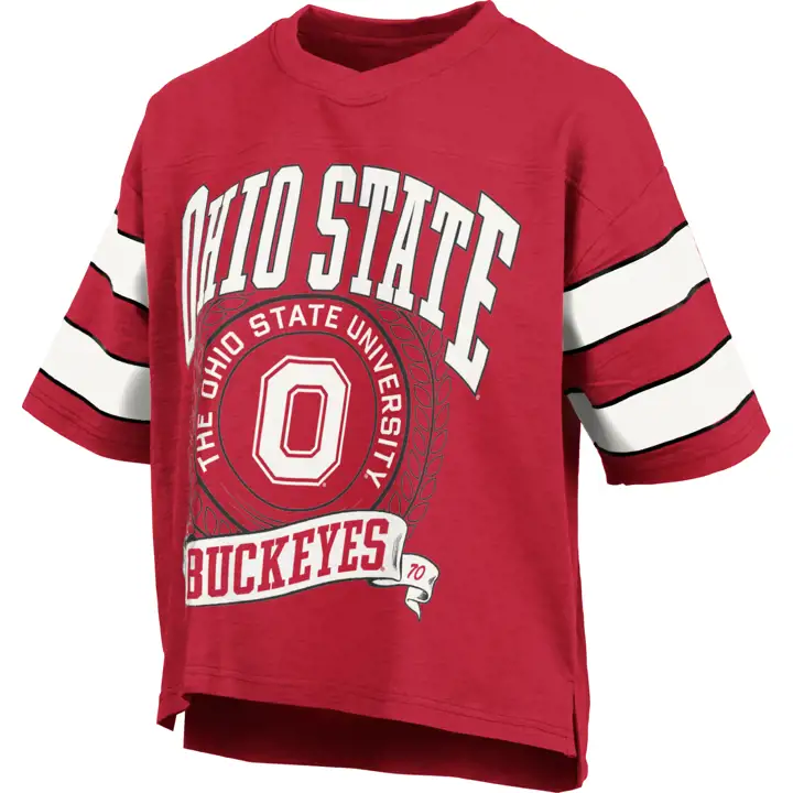 T-shirt à rayures sur les manches NCAA pour femme Ohio State Buckeyes Emily