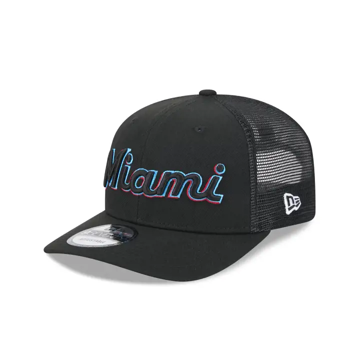 MIAMI MARLINS MLB NEW ERA SCRIPT 9SEVENTY TRUCKER NOIR