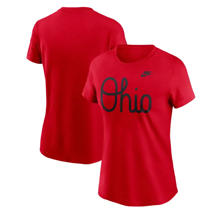 T-shirt rouge Ohio State Buckeyes NCAA pour femme avec l'inscription "Script Ohio"