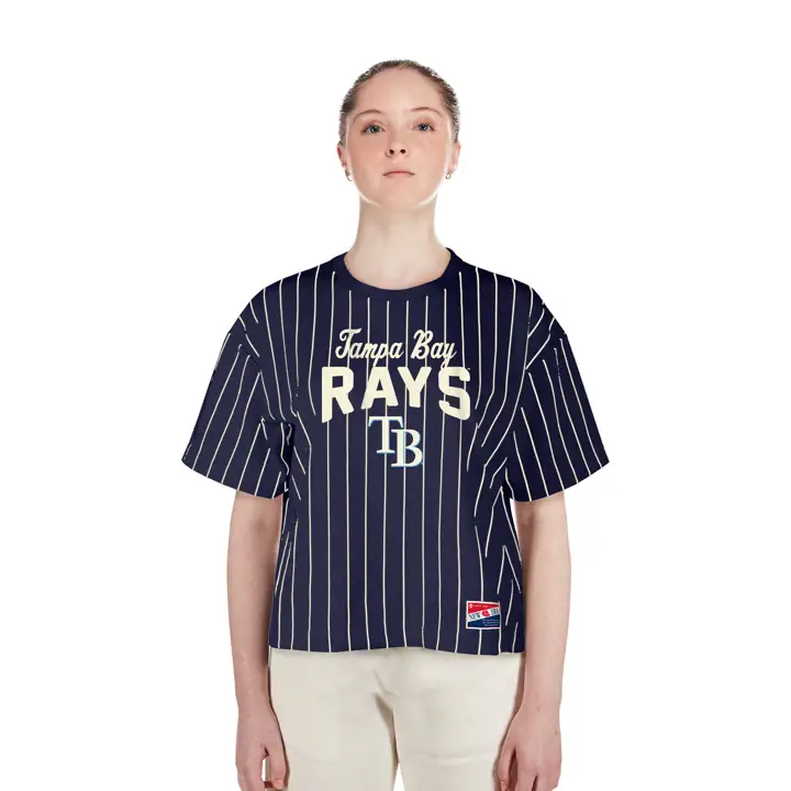 T-shirt jersey rétro rayé New Era MLB Rays pour femme, bleu marine