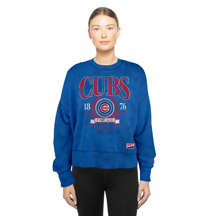 Sweat-shirt ras du cou bleu délavé « ThrowBack » New Era des Chicago Cubs pour femme