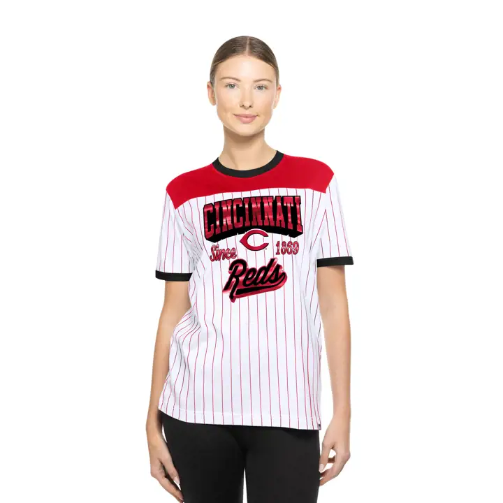 T-shirt à manches courtes rayé New Era Game Day MLB des Reds de Cincinnati pour femme