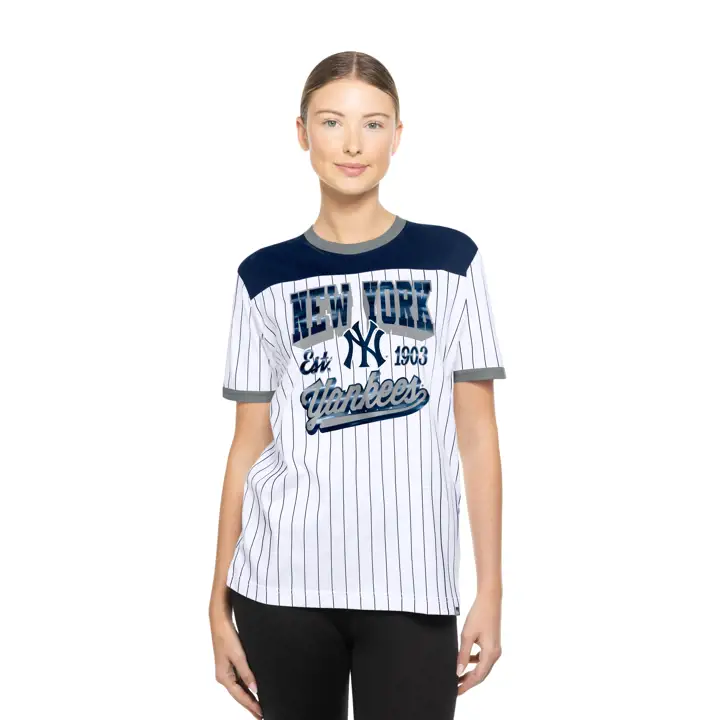 T-shirt à rayures à manches courtes MLB New Era Game Day pour femme des Yankees - Bleu marine
