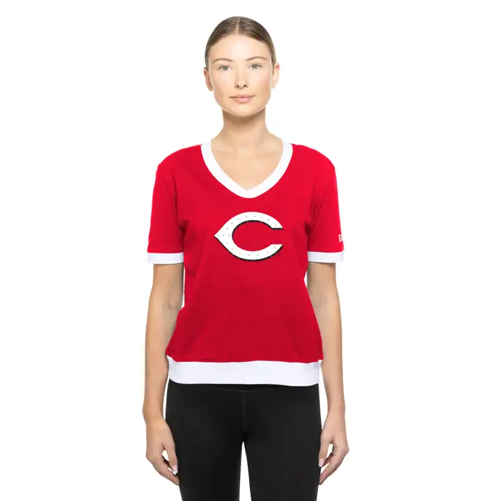 T-shirt col en V rouge MLB New Era Game Day EMB pour femme des Reds