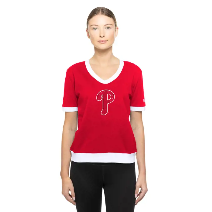 T-shirt Rouge col en V Phillies MLB New Era pour Femme