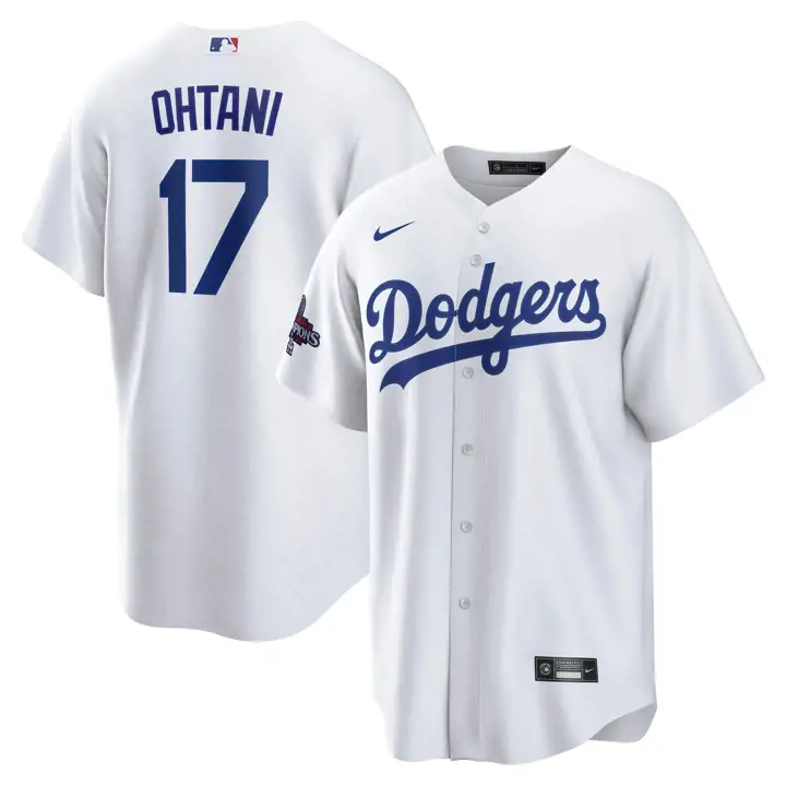 Maillot réplique avec écusson de l'équipe championne des World Series de la MLB des Dodgers, numéro 24 Ohtani, blanc.