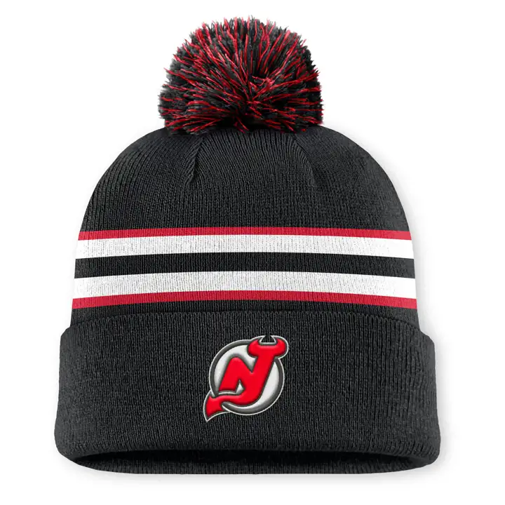New Jersey Devils 25 LNH AP Bonnet à Pompon Revers Noir/Rouge/Blanc