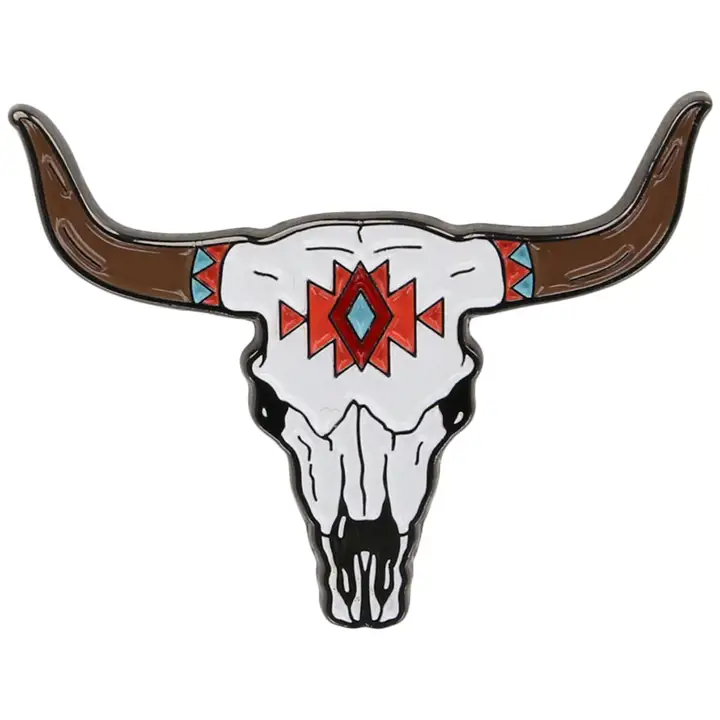 Épingle à Chapeau TÊTE DE TAUREAU LONGHORN AVEC MOTIF AZTÈQUE MARQUE BLANCHE BLANC/MARRON