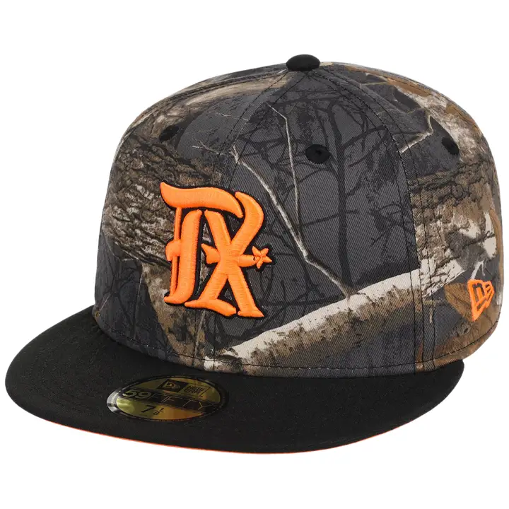 Texas Rangers MLB Black Real Tree Flame 59FIFTY CAMO/BLK/ORG