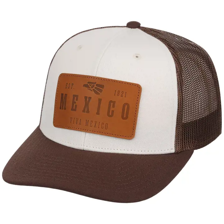 Mexique - Casquette filet 6 panneaux en cuir gaufré Ivoire/Marron