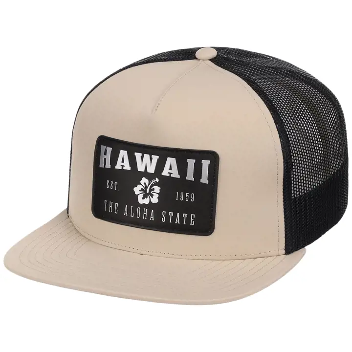 Hawaii Reflective 5-Panel Flat Bill Trucker TAN