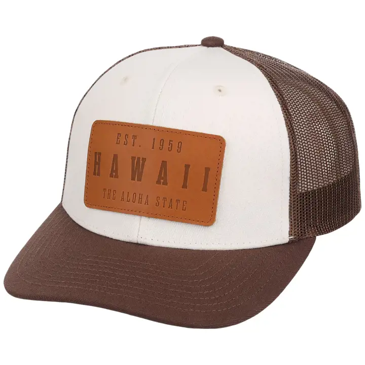 Hawaii Debossed Leather 6-Panel Trucker IVO/BRN